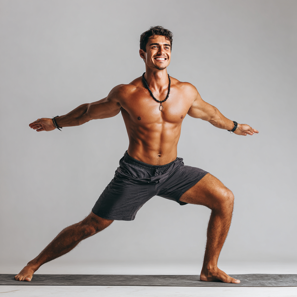 Mujer colombiana de mediana edad sonriendo mientras practica yoga en posición de loto al aire libre